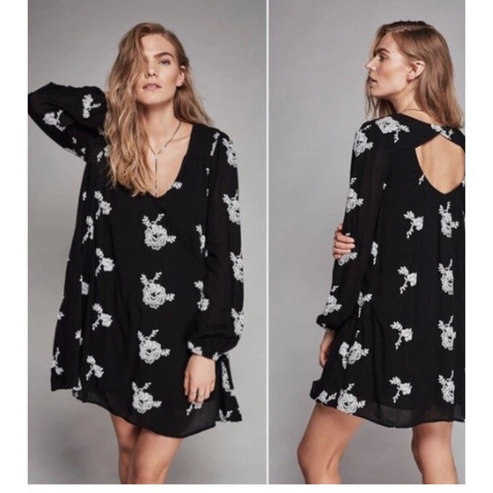 Free People Black Embroidered Floral Mini Dress Boho Cutout Back Small